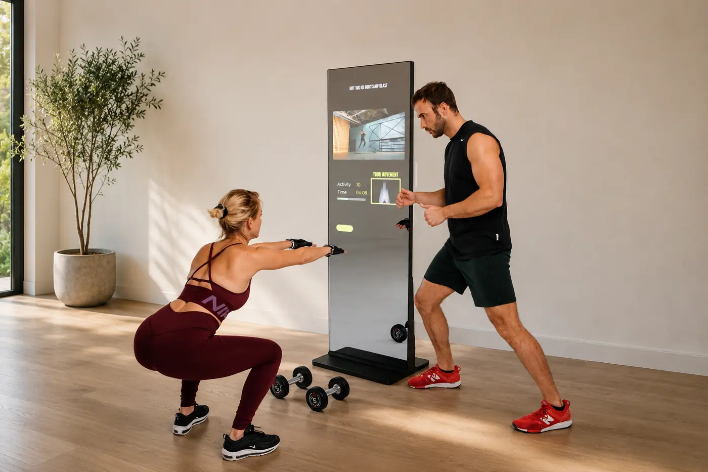 Pro Mirror op vloerstandaard tijdens een HIIT-workout met twee sporters